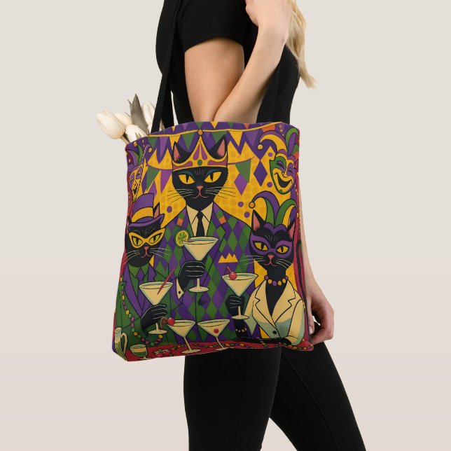 Retro Futuristic Mardi Gras Black Cat Martini Club Tote Bag (Close Up)