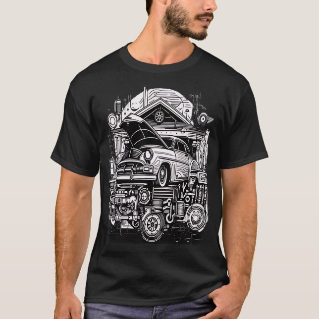 Retro-Futuristic Mechanical Workshop T-Shirt (Front)
