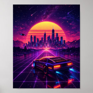 Retro Futuristic Neon City Car Poster