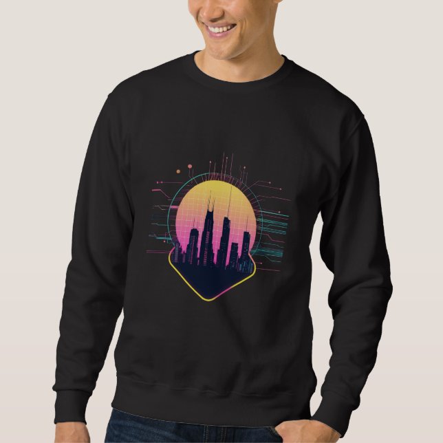 Retro Futuristic Neon Cityscape Tech Sweatshirt (Front)