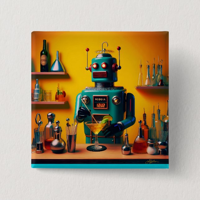 Retro Futuristic Robot ROBIA 12J2 Mixologist 15 Cm Square Badge (Front)