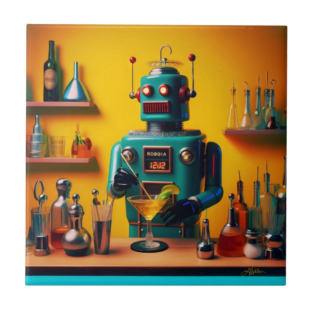 Retro Futuristic Robot ROBIA 12J2 Mixologist Ceramic Tile (Front)