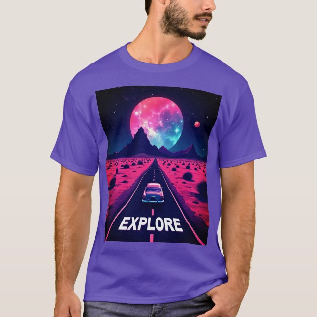  Retro-Futuristic Synthwave "EXPLORE" Desert Night T-Shirt (Front)