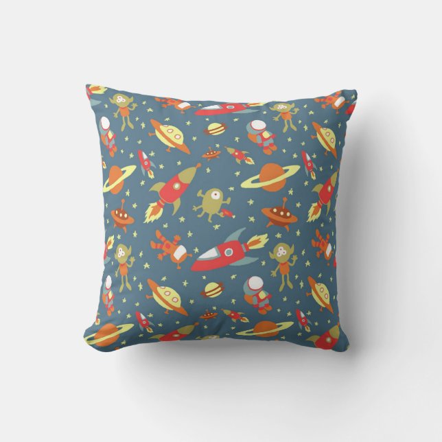 Retro Galaxy Outer Space Rockets & Astronauts Cushion (Front)