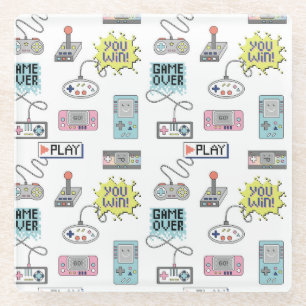 Retro Game Controllers: Colourful Seamless Pattern Glass Coaster