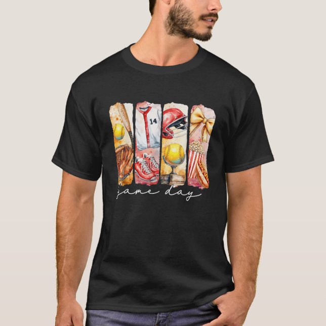 Retro Game Day Softball Coquette Bow Baseball Soft T-Shirt (Front)