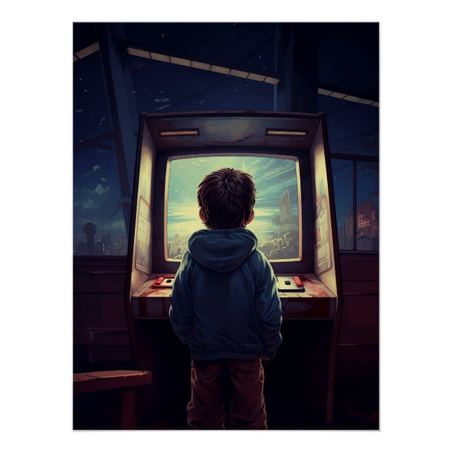 Retro Gamer Boy at Arcade Machine Poster (Front)