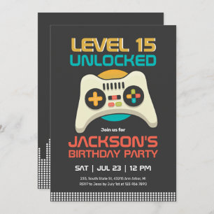 Retro Gamer Boy Level Unlocked Video Game Birthday Invitation
