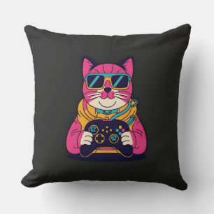 Retro Gamer Cat – 80s Vibes Neon Gaming Tee Cushion
