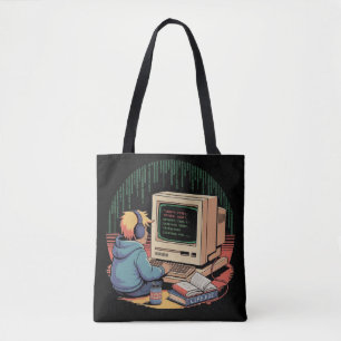 Retro Gamer Kid on Vintage Computer Pixel Art Tote Bag
