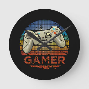 Retro Gamer Video Game Player Boys Girls Teen Kids Round Clock