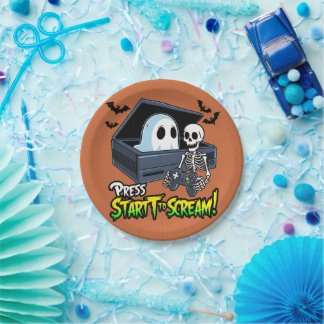 Retro Gaming Halloween - Skeleton Console Humor Paper Plate