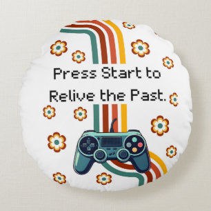 Retro Gaming Illustration – Teal Controller with F Round Cushion