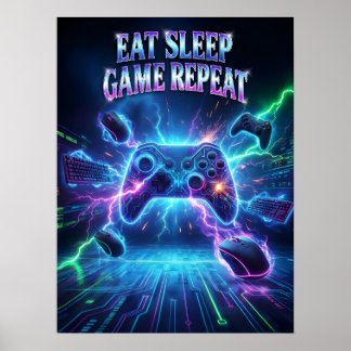Retro Gaming Neon Pulse Repeat Poster