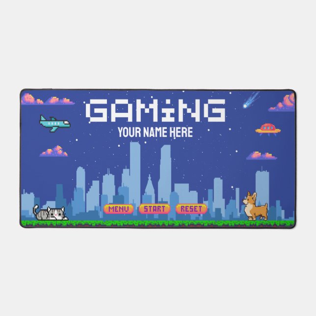Retro Gaming Pixel Art Desk Mat – Gamer Setup (Front)