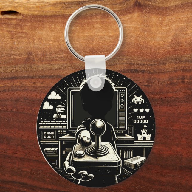 Retro Gaming Silhouette Joystick Art Key Ring (Front)