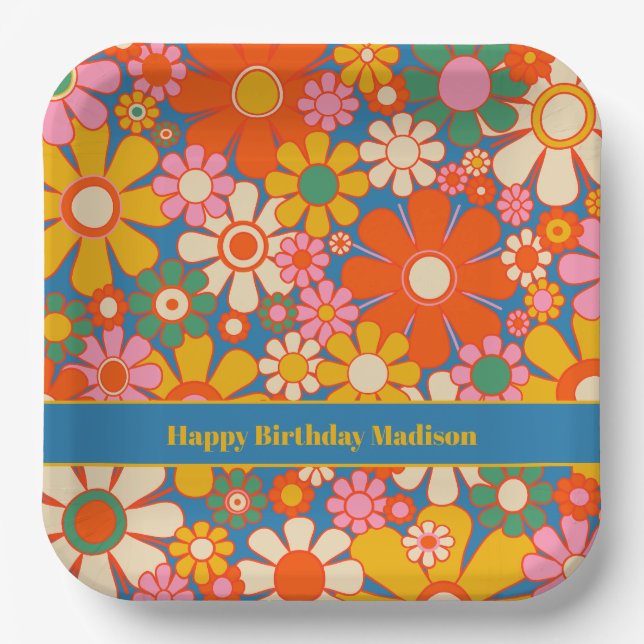 Retro Garden Colourful 60s 70s Floral Pattern Paper Plate (Front)