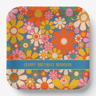 Retro Garden Colourful 60s 70s Floral Pattern Paper Plate