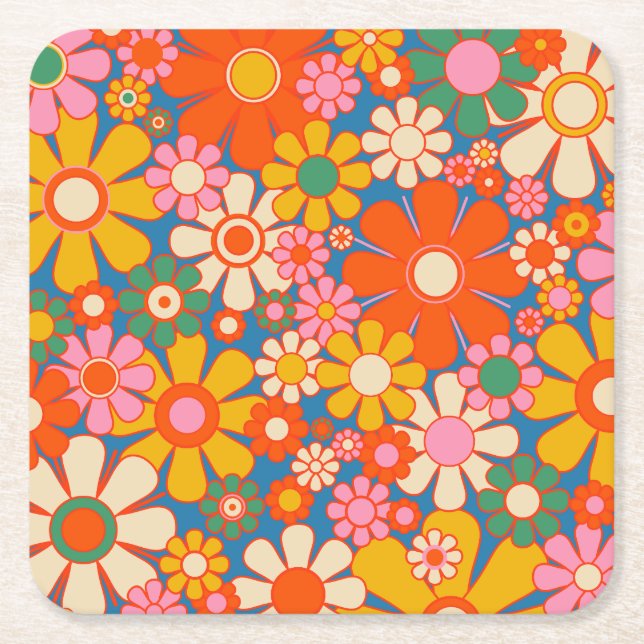 Retro Garden Colourful 60s 70s Floral Pattern Square Paper Coaster (Front)