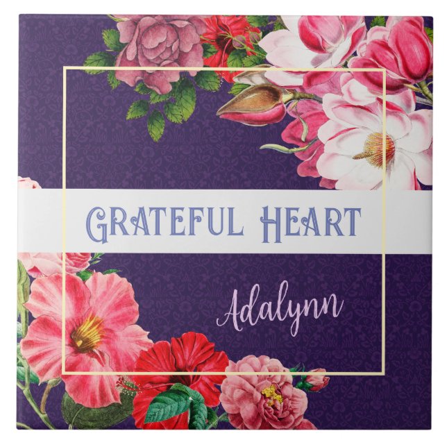 Retro Garden Custom Greeting Name Violet Purple Ceramic Tile (Front)