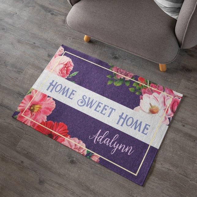 Retro Garden Custom Greeting Name Violet Purple Doormat (Creator Uploaded)
