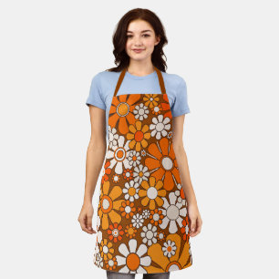 Retro Garden Floral 60s 70s Pattern Brown & Orange Apron