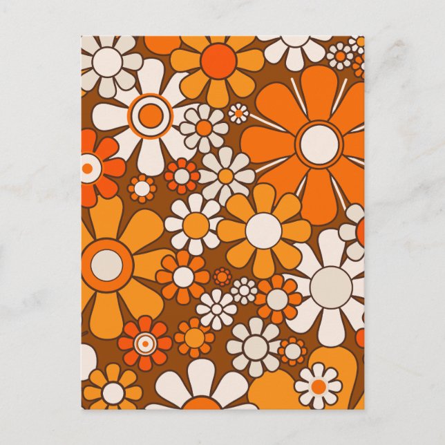 Retro Garden Floral 60s 70s Pattern Brown & Orange Postcard (Front)