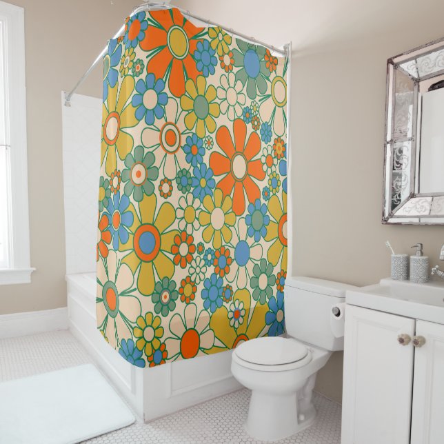 Retro Garden Floral 60s 70s Pattern Shower Curtain (In Situ)