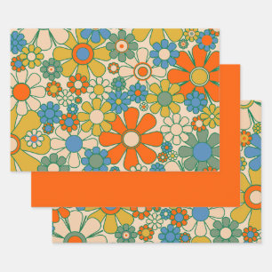 Retro Garden Floral 60s 70s Pattern Wrapping Paper Sheet