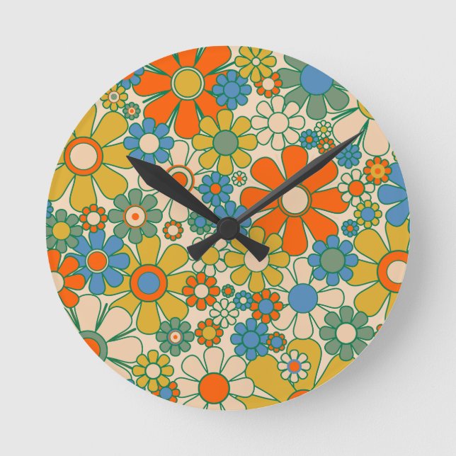 Retro Garden Floral Cheerful 60s 70s Pattern Round Clock (Front)