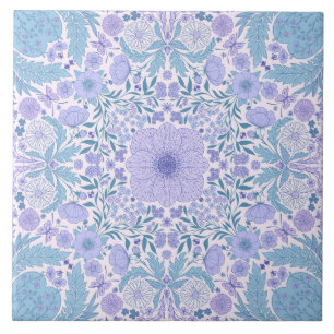 Retro garden florals in blue and violet ceramic tile