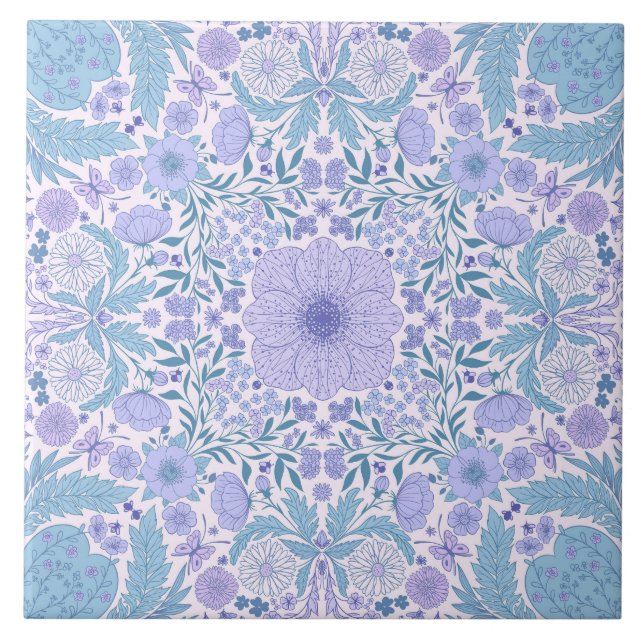 Retro garden florals in blue and violet ceramic tile (Front)