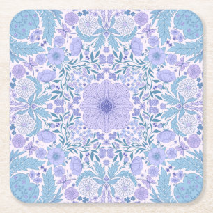 Retro garden florals in blue and violet square paper coaster