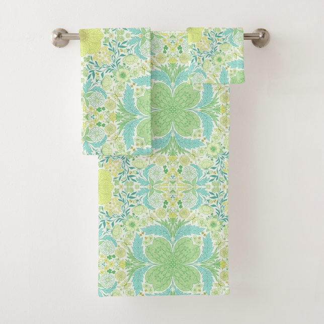 Retro garden florals in green and yellow bath towel set (Insitu)