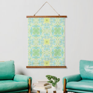 Retro garden florals in green and yellow hanging tapestry