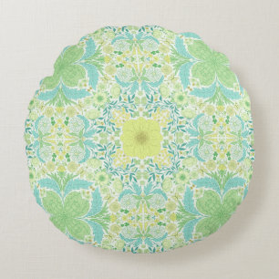 Retro garden florals in green and yellow round cushion