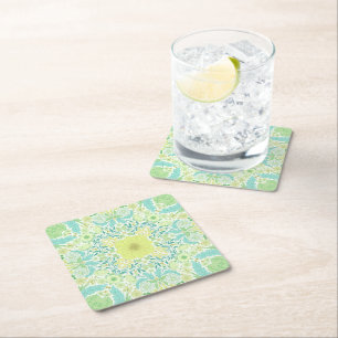 Retro garden florals in green and yellow square paper coaster