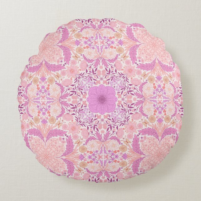 Retro garden florals  in pink round cushion (Front)