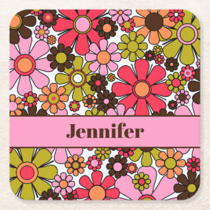 Retro Garden Flowers 60s 70s Aesthetic Floral Name Square Paper Coaster
