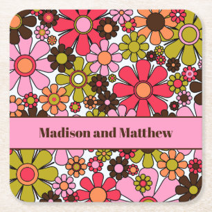 Retro Garden Flowers 60s 70s Aesthetic Floral Square Paper Coaster