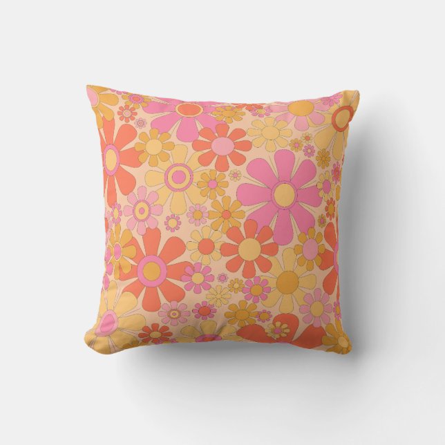 Retro Garden Flowers 60s 70s Floral Pattern Cushion (Front)