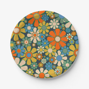 Retro Garden Flowers 60s 70s Floral Pattern Paper Plate