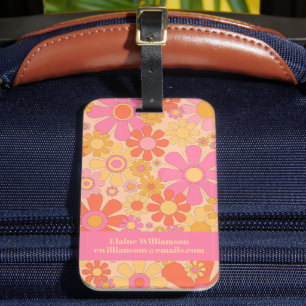 Retro Garden Flowers 60s 70s Floral Pattern Pink Luggage Tag