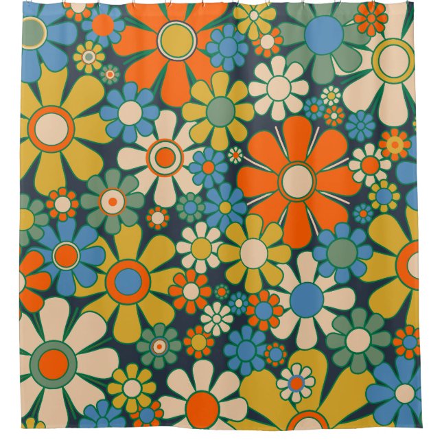 Retro Garden Flowers 60s 70s Floral Pattern Shower Curtain (Front)