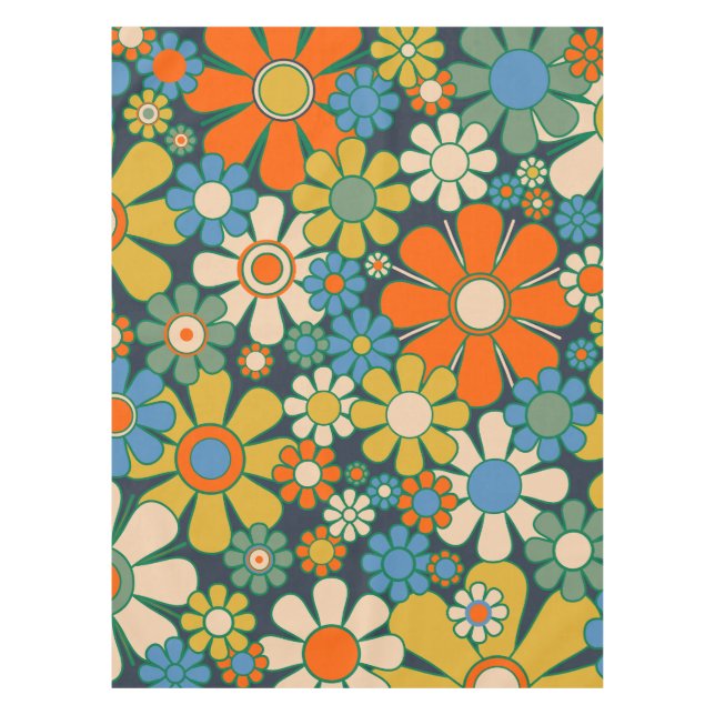 Retro Garden Flowers 60s 70s Floral Pattern  Tablecloth (Front)