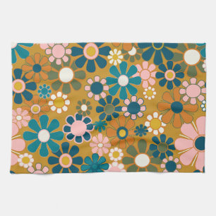 Retro Garden Flowers 60s 70s Floral Pattern Tea Towel