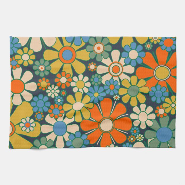 Retro Garden Flowers 60s 70s Floral Pattern Tea Towel (Horizontal)