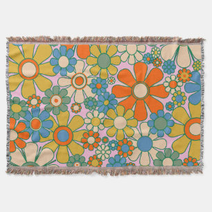 Retro Garden Flowers 60s 70s Floral Pattern Throw Blanket