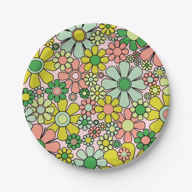 Retro Garden Flowers 60s 70s Spring Floral Pattern Paper Plate (Front)