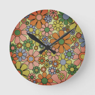 Retro Garden Flowers 60s 70s Spring Floral Pattern Round Clock